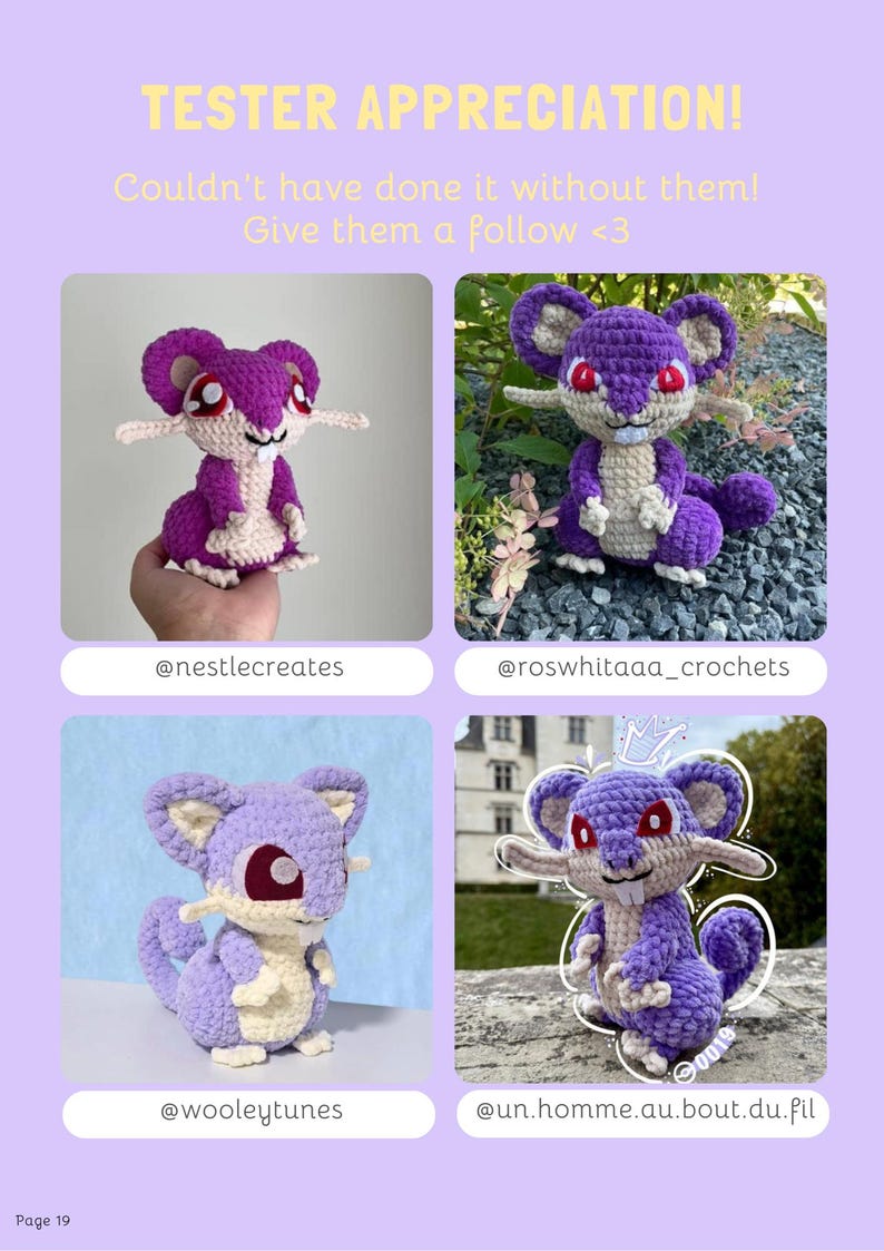 May include: Four crochet mouse figures in purple, lavender, and white, each with red eyes and long whiskers. The text "TESTER APPRECIATION!" is at the top, with social media handles below each mouse. The background is a light purple.