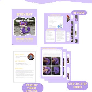 May include: A PDF pattern preview with a purple and white color scheme. The preview includes a cover image of a crocheted rat, a materials list, step-by-step images, and the text "PDF PATTERN PREVIEW". The pattern is for a crocheted "BITEY RAT".