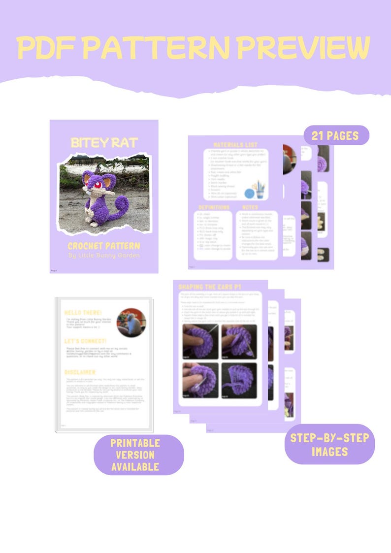 May include: A PDF pattern preview with a purple and white color scheme. The preview includes a cover image of a crocheted rat, a materials list, step-by-step images, and the text "PDF PATTERN PREVIEW". The pattern is for a crocheted "BITEY RAT".