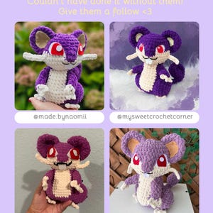 May include: A page featuring four crochet figures of a purple and cream-colored mouse-like creature with red eyes and large ears. The text "TESTER APPRECIATION!" is at the top, with social media handles below each figure.