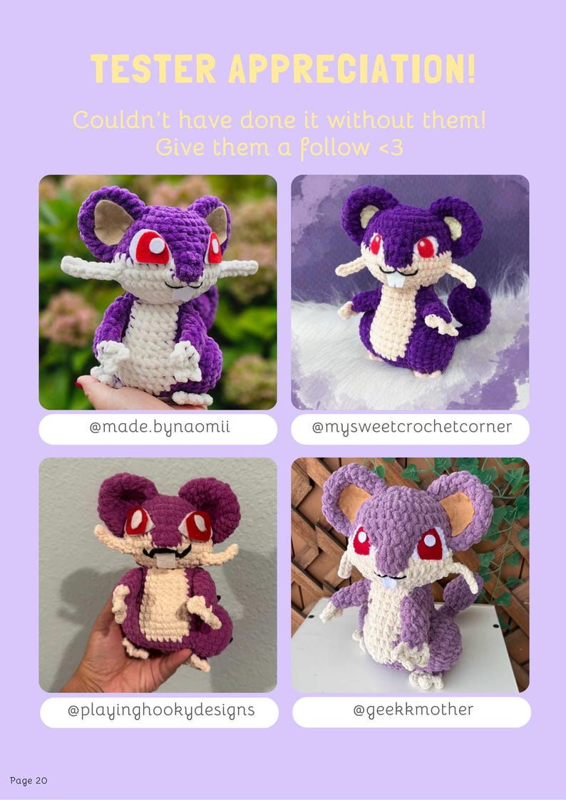 May include: A page featuring four crochet figures of a purple and cream-colored mouse-like creature with red eyes and large ears. The text "TESTER APPRECIATION!" is at the top, with social media handles below each figure.