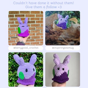 May include: Image featuring four crochet bunny figures in various settings. The bunnies are primarily purple, with green and pink accents. Text at the top reads "TESTER APPRECIATION!" and encourages followers. Each bunny is displayed with an Instagram handle.