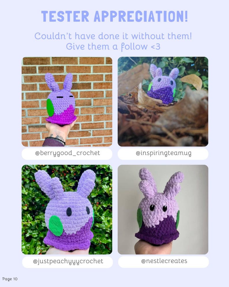 May include: Image featuring four crochet bunny figures in various settings. The bunnies are primarily purple, with green and pink accents. Text at the top reads "TESTER APPRECIATION!" and encourages followers. Each bunny is displayed with an Instagram handle.