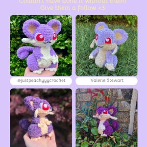 May include: A page from a craft magazine featuring four crochet plushies of a purple and cream-colored mouse-like creature with red eyes. The text "TESTER APPRECIATION!" is at the top, with social media handles below each image.