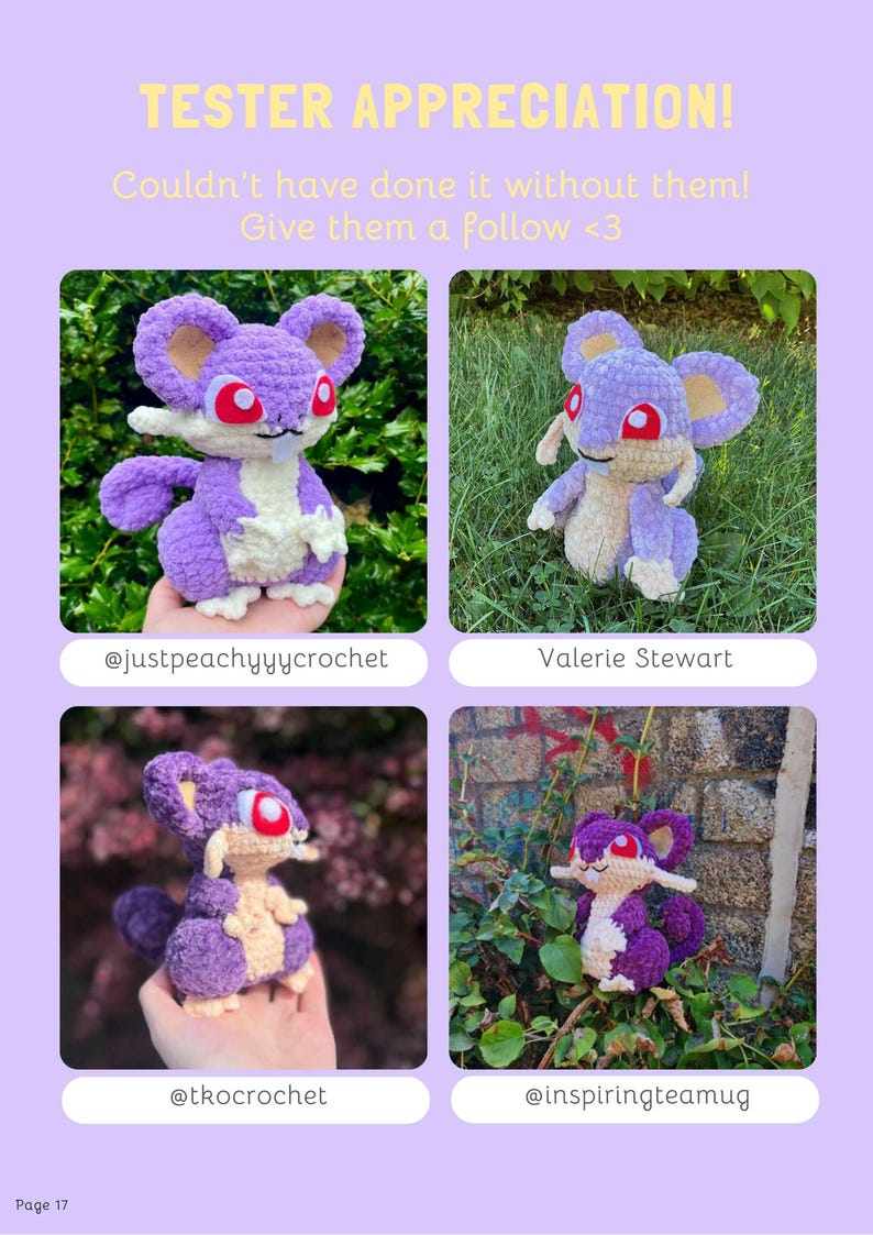 May include: A page from a craft magazine featuring four crochet plushies of a purple and cream-colored mouse-like creature with red eyes. The text "TESTER APPRECIATION!" is at the top, with social media handles below each image.