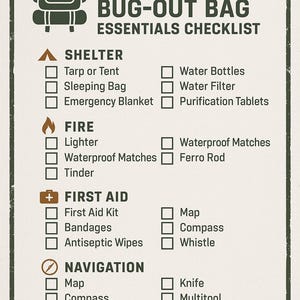 May include: A checklist for a bug-out bag with a green backpack icon at the top. The checklist includes categories for shelter, fire, first aid, navigation, and tools. Each category has a list of items with checkboxes next to them.
