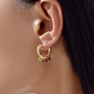 Birthstone Earrings, Custom Multiple Birthstone Earrings, 18K Gold and Diamond Earrings, Mother&#39;s Day Gifts for Mom, Birthday Gifts