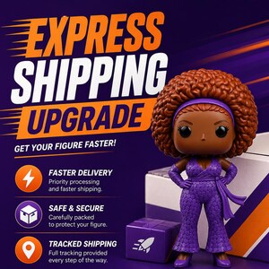 Puede incluir: Una figura de Funko Pop de una mujer con un mono morado y una diadema a juego. La figura tiene la piel morena y un gran afro. La imagen incluye el texto "EXPRESS SHIPPING UPGRADE" y "GET YOUR FIGURE FASTER!"