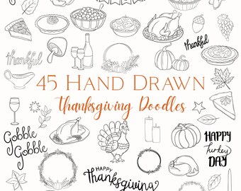 Thanksgiving Procreate Stamps: Fine line art of Fall Leaves, Pumpkins, Turkeys (Commercial Use)