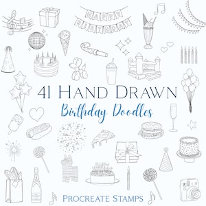May include: Hand-drawn birthday doodles in black and white. Includes cake, balloons, ice cream, gifts, and a banner that says "Happy Birthday". The text says "41 Hand Drawn Birthday Doodles" and "Procreate Stamps".