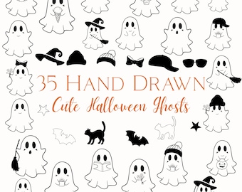 Cute Ghosts Line Art SVG PNG Bundle: Whimsical fine line Designs of Ghostswith interchangeable accessories (Commercial Use)