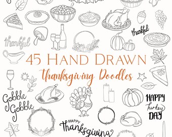 Thanksgiving Fine Line Art SVG PNG Bundle: Fall Leaves, Pumpkins, Turkeys