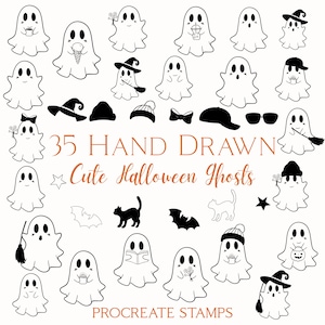 May include: A set of 35 hand-drawn illustrations of cute Halloween ghosts. The white ghosts have black eyes and mouths, some wearing hats or holding items. Text includes "Cute Halloween Ghosts" and "Procreate Stamps".