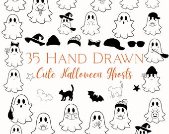 Cute Ghosts Procreate Stamp Bundle: Fine Line Tattoo Art of Ghosts with interchangeable accessories (Commercial Use)