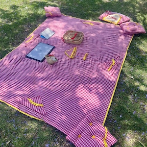 Personalized Picnic Set: Handmade Mat, Pillows & Custom Ribbon