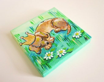 Mini Dachshund Painting- Original 3x3 Canvas Art