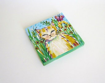 Botanical Garden Butterscotch Kitty, Original Mini Painting 3x3 inch on SALE COUPON CODE