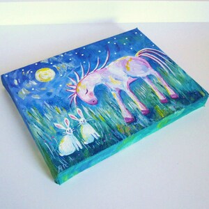 Sleeping Horse and Two White Rabbits, Full Moon Night, Original Painting 5x7 image 2