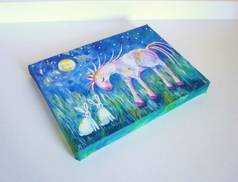 Sleeping Horse and Two White Rabbits, Full Moon Night, Original Painting 5x7 image 2