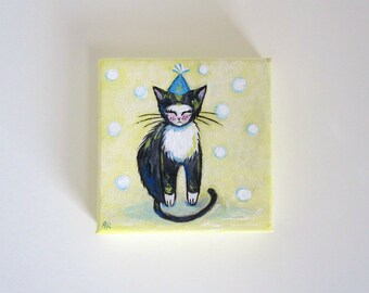 Birthday Tuxedo Cat with Blue Hat and Bubbles, Original Painting 4x4