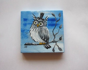 Miniature Painting- Little Mr. Hoot Owl- Original Mini Art 3x3 on SALE COUPON CODE