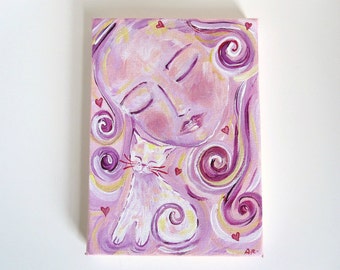 Valentine Art, White Cat with Girl and Hearts, Original Acrylic Painting, Pink Painting, 5x7 inches