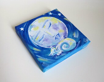 Sleeping Moon and Cat, Night Time Painting, Original Mini Art 4x4