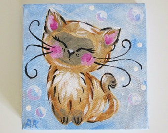 Siamese Cat- Kitty with Bubbles, Whimsical Original Painting 5x5
