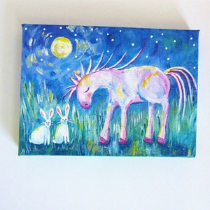 Sleeping Horse and Two White Rabbits, Full Moon Night, Original Painting 5x7 image 1