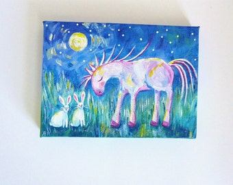 Sleeping Horse and Two White Rabbits, Full Moon Night, Original Painting 5x7