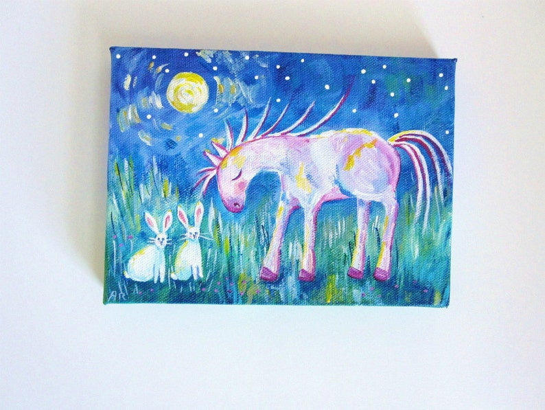 Sleeping Horse and Two White Rabbits, Full Moon Night, Original Painting 5x7 image 1