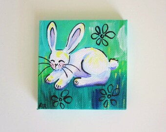 Moonlit Bunny, White Woodland Rabbit, Original Miniature Art 3x3 on SALE COUPON CODE