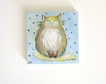 Fat Avocado Cat, Original Mini Painting 3x3, Feline Art