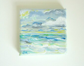 Windy Seascape Original Mini Art- Painting on Canvas  4x4 on SALE COUPON CODE