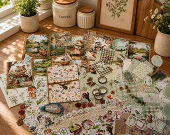 200 Piece Whimsical Junk Journal Kit, Scrapbook Starter Kit, Papers & Stickers, Vintage Style Craft Kit, Gift for Her