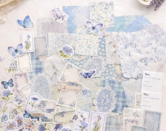100 Piece Blue Junk Journal Kit, Scrapbook Starter Kit, Vintage Ephemera Papers & Stickers, Adult Craft Kit, Gift for Her