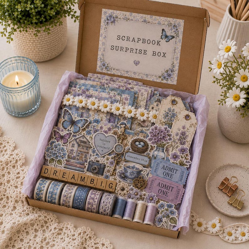 May include: A cardboard scrapbook surprise box filled with floral and butterfly-themed paper ephemera, including washi tape rolls, die-cut shapes, tags, and two purple admit one tickets. The box lid features the text SCRAPBOOK SURPRISE BOX.