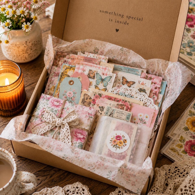 May include: A decorative box filled with vintage-style paper ephemera. The box contains patterned papers, tags, and stickers with floral, butterfly, and lace designs. The box is lined with floral tissue paper and has the text "something special is inside".