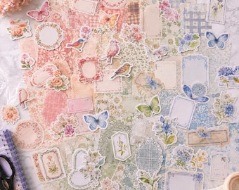 100-400 Piece Green/Blue/Pink/Green Junk Journal Kit, Scrapbook Starter Kit, Vintage Ephemera Papers & Stickers, Adult Craft Kit, Gift
