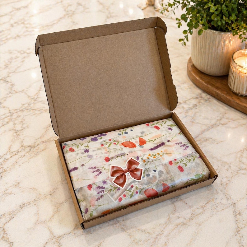 May include: An open, brown cardboard box containing tissue paper with a floral pattern and a red bow. The tissue paper features red, purple, and white flowers. The box is on a marble surface.