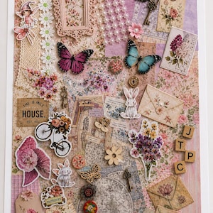 May include: A collage of vintage-style ephemera with a floral theme. Includes butterflies, keys, tags, a bicycle with flowers, and the text "The 8 Mile House, Est. 1912". The color palette is soft pinks, purples, and creams.
