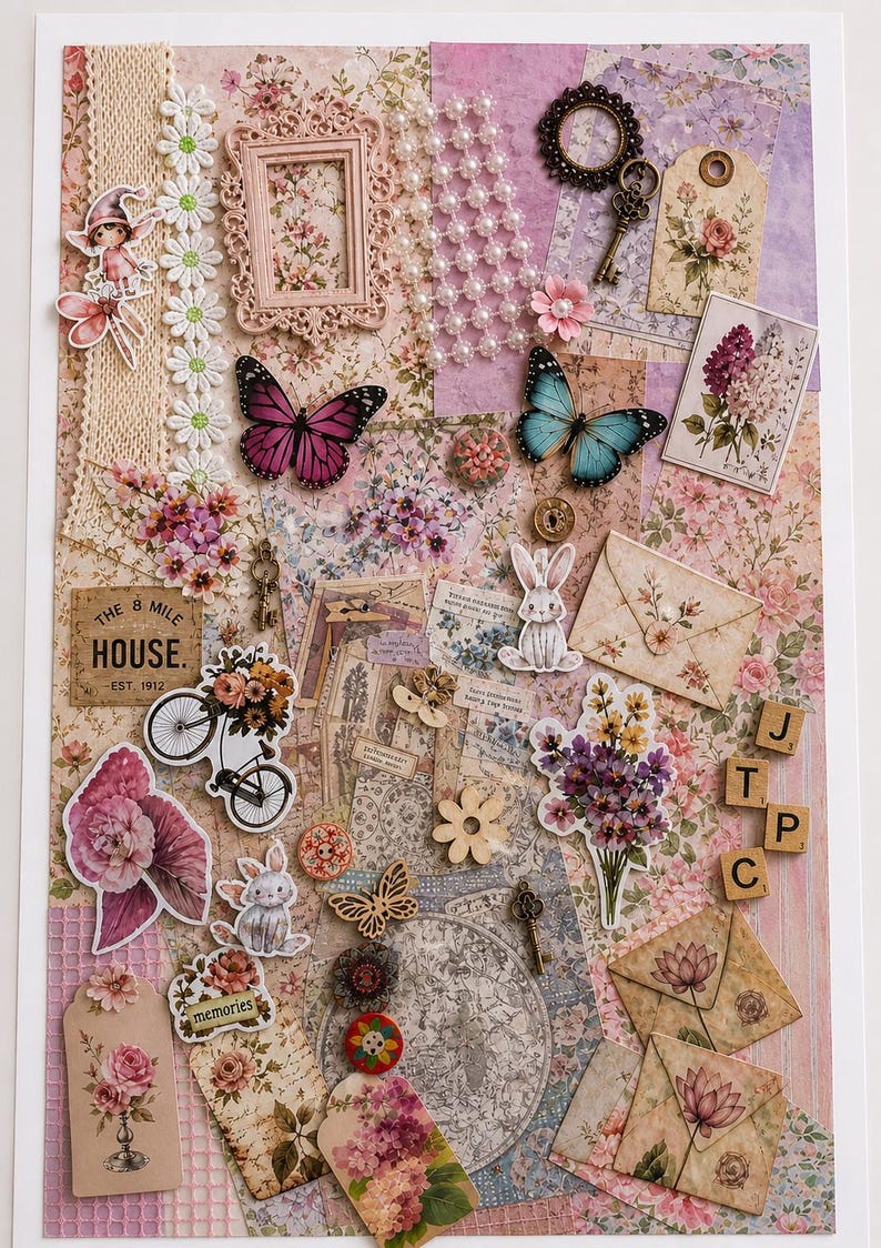 May include: A collage of vintage-style ephemera with a floral theme. Includes butterflies, keys, tags, a bicycle with flowers, and the text "The 8 Mile House, Est. 1912". The color palette is soft pinks, purples, and creams.