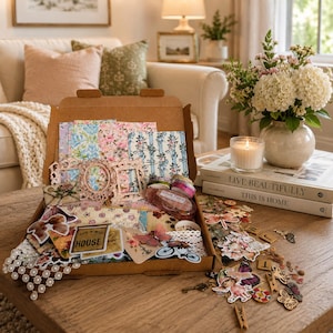 May include: A craft kit in an open cardboard box, filled with patterned papers, decorative frames, washi tape, and embellishments. The kit includes floral and butterfly-themed elements, perfect for scrapbooking or crafting projects.