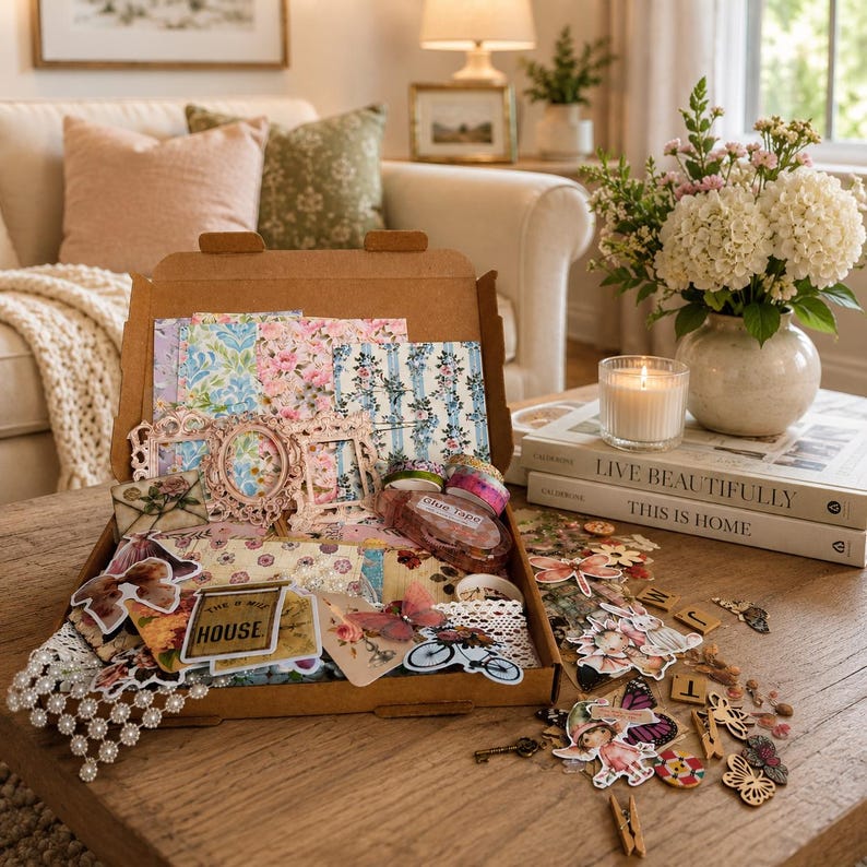 May include: A craft kit in an open cardboard box, filled with patterned papers, decorative frames, washi tape, and embellishments. The kit includes floral and butterfly-themed elements, perfect for scrapbooking or crafting projects.