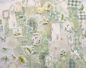 100 Piece Green Junk Journal Kit, Scrapbook Starter Kit, Vintage Ephemera Papers & Stickers, Adult Craft Kit, Gift for Her