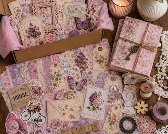 100 Piece Mystery Junk Journal Kit | Vintage Floral Scrapbook Supplies, Craft Paper Ephemera Surprise Box