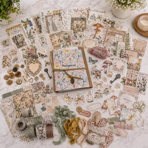 May include: A collection of botanical-themed scrapbooking supplies, including patterned papers, stickers, ribbons, wooden buttons, and a journal with the word "Botanical" on the cover. The color palette includes soft greens, pinks, and browns.