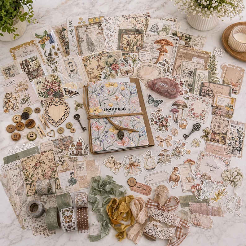 May include: A collection of botanical-themed scrapbooking supplies, including patterned papers, stickers, ribbons, wooden buttons, and a journal with the word "Botanical" on the cover. The color palette includes soft greens, pinks, and browns.