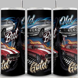 May include: A stainless steel tumbler featuring classic cars in silver and red, with blue flames and the text "Old But Gold." The design includes a checkered flag pattern and stylized lettering.