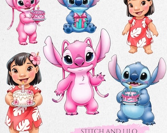 May include: Digital illustration featuring characters from the animated film "Lilo & Stitch." The image includes Stitch, Angel, and Lilo in various poses. Stitch is depicted in blue, Angel in pink, and Lilo in a red dress. The text "STITCH AND LILO" is visible.